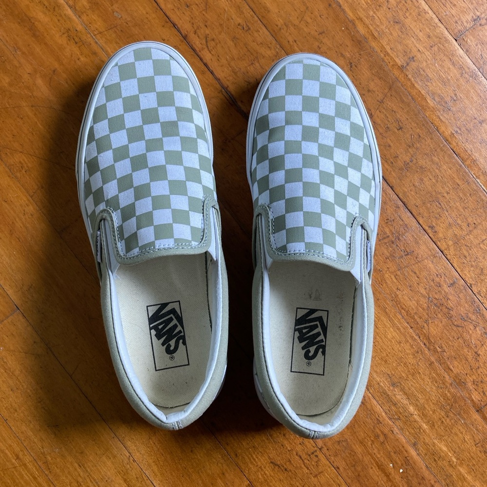Vans checkered slip-ons in Desert Sage, size 9.5 womens